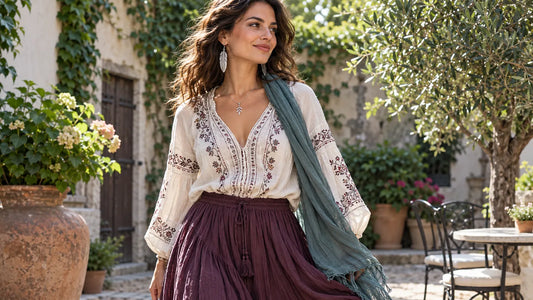 Ținută boho chic cu bluză brodată, fustă fluidă și cercei inspirați de pene