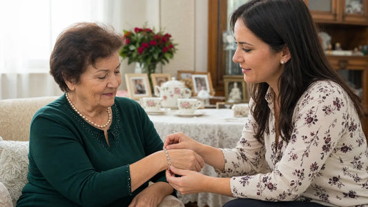 Bunică ajutată de nepoată să probeze o brățară cadou
