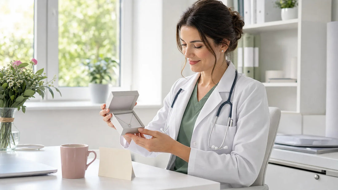 Doctoriță care deschide un cadou cu o bijuterie delicată într-un cabinet luminos