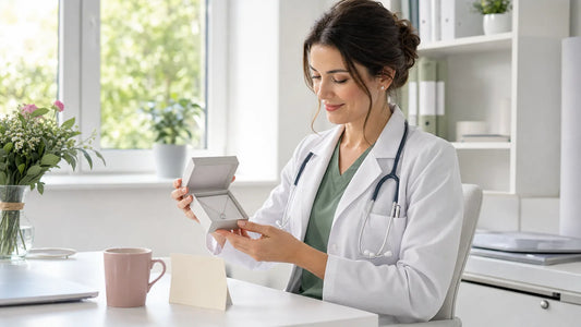 Doctoriță care deschide un cadou cu o bijuterie delicată într-un cabinet luminos