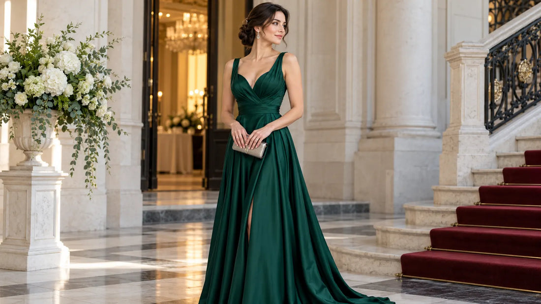Ținută black tie cu rochie lungă verde și bijuterii argintii discrete
